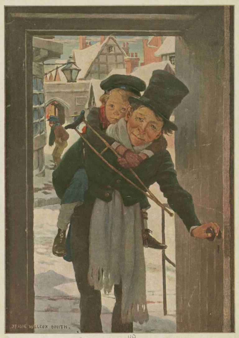 Tiny Tim and Bob Cratchit on Christmas Day,小蒂姆和鲍勃-克拉奇特的圣诞节,Jessie Willcox Smith,杰西-威尔考克斯-史密斯,插画,插画, 帽子, 背驮式