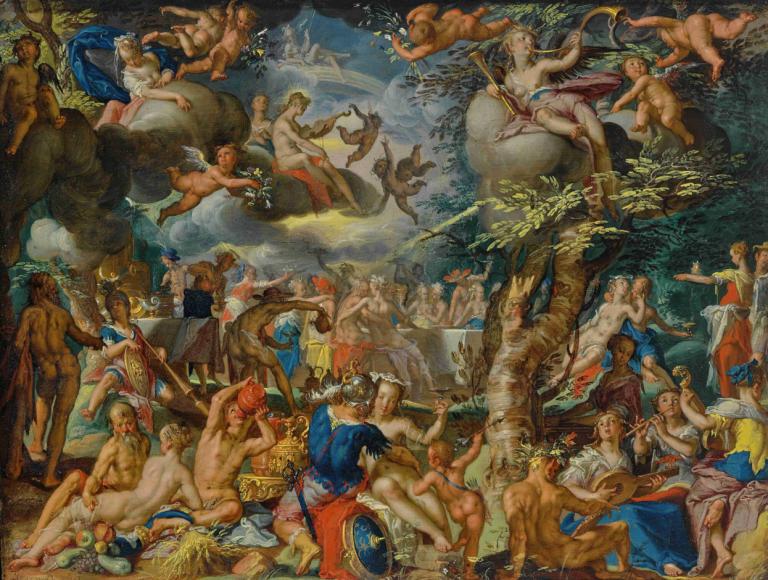 A banquet Of The Gods,Joachim Wtewael,Oil Painting,Oil Painting, fine art parody, nude, multiple girls, tree