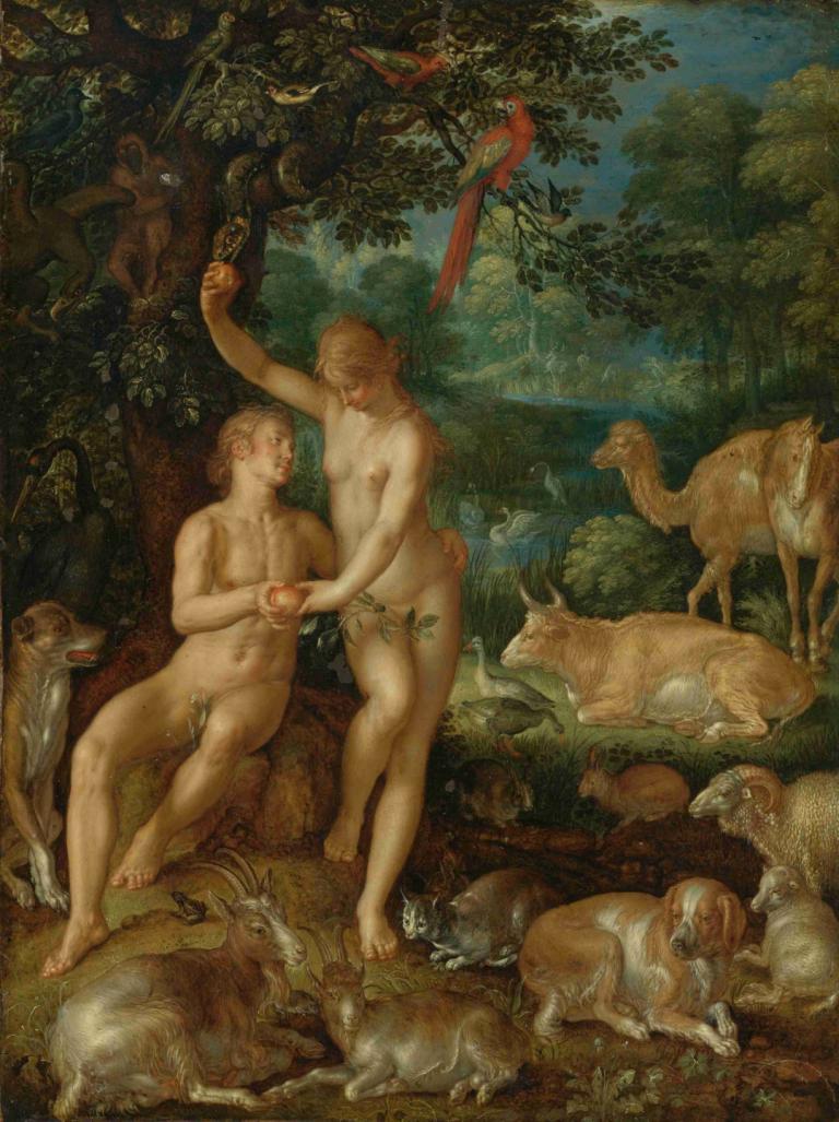 Adam And Eve,Joachim Wtewael,Oil Painting,Oil Painting, fine art parody, apple, fruit, food, deer, nude