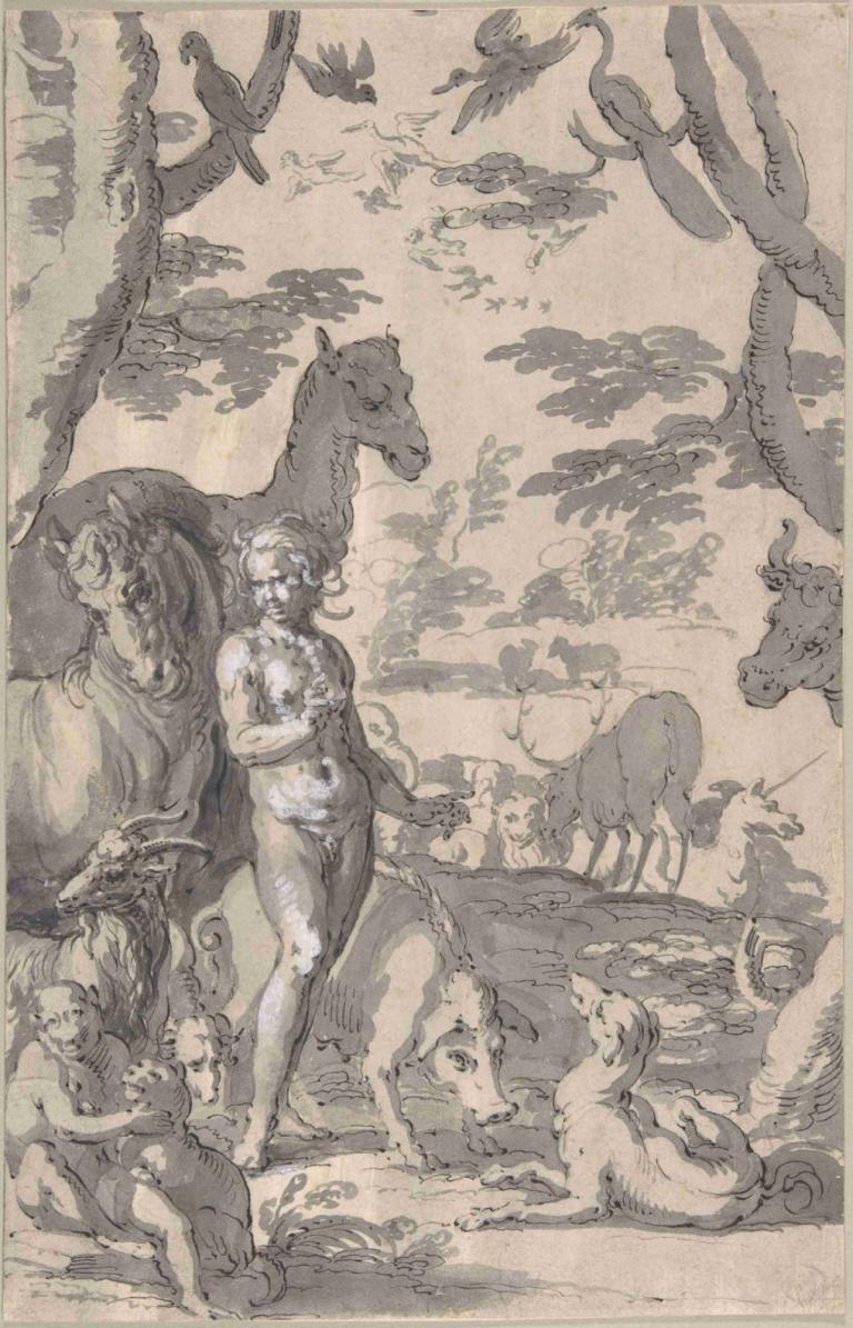 Adam in the Garden of Eden, Naming the Animals,Joachim Wtewael,Copperplate Etching,Copperplate Etching, nude