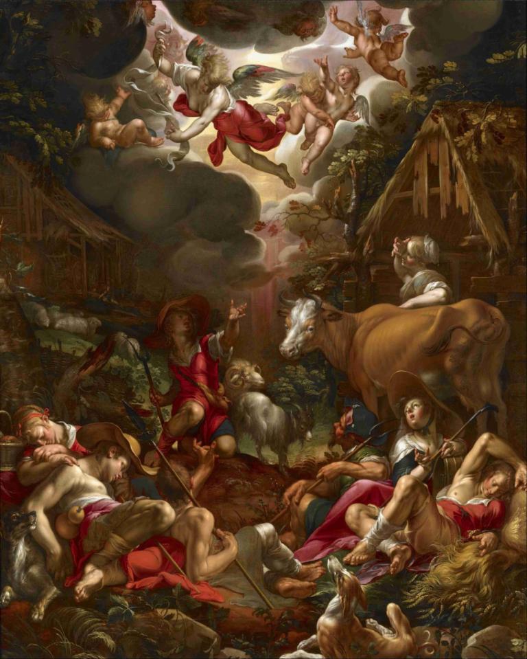 Annunciation To The Shepherds,목자들에게 수태고지,Joachim Wtewael,요아킴 뷔테옐,오일 페인팅,오일 페인팅, 미술 패러디, 말, 여러 여자, 무기, 날개, 맨발