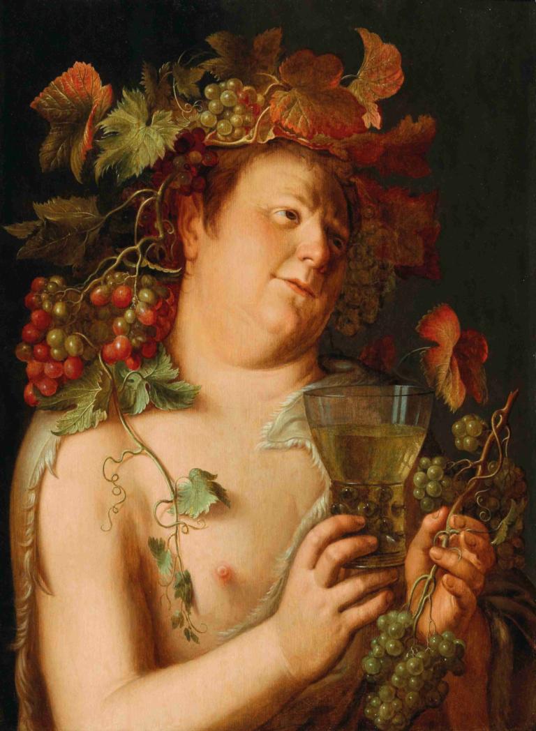 Bacchus,Joachim Wtewael,Oil Painting,Oil Painting, 1boy, male focus, fruit, grapes, solo, food, holding