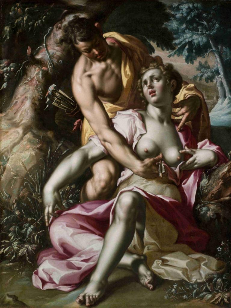 Cephalus and Procris (The Death of Procris),Joachim Wtewael,Oil Painting,Oil Painting, fine art parody, 1girl