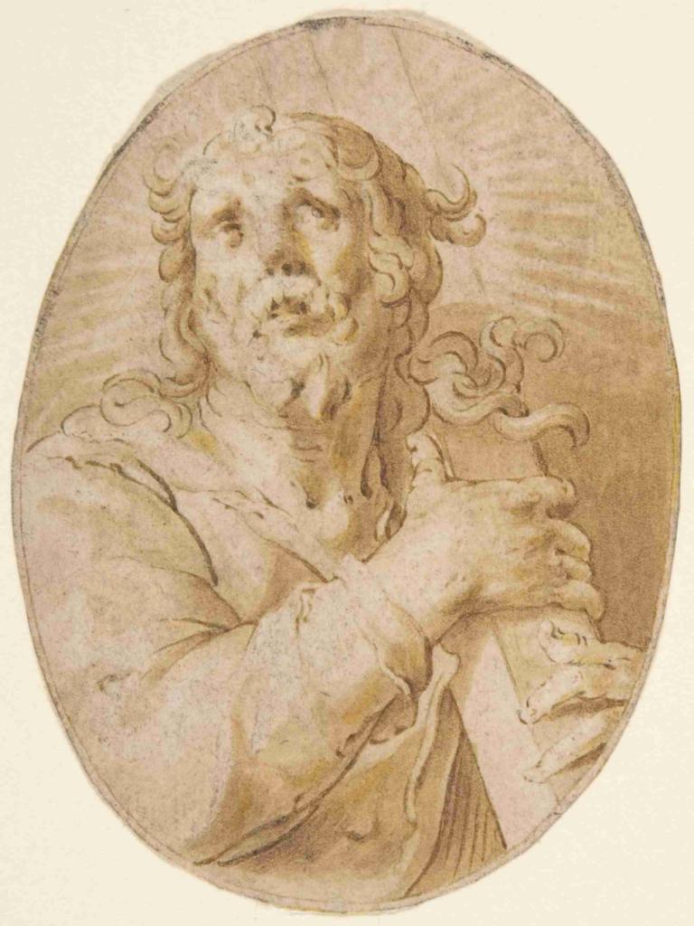 Christ with the Cross,Joachim Wtewael,Copperplate Etching,Copperplate Etching, 1boy, male focus