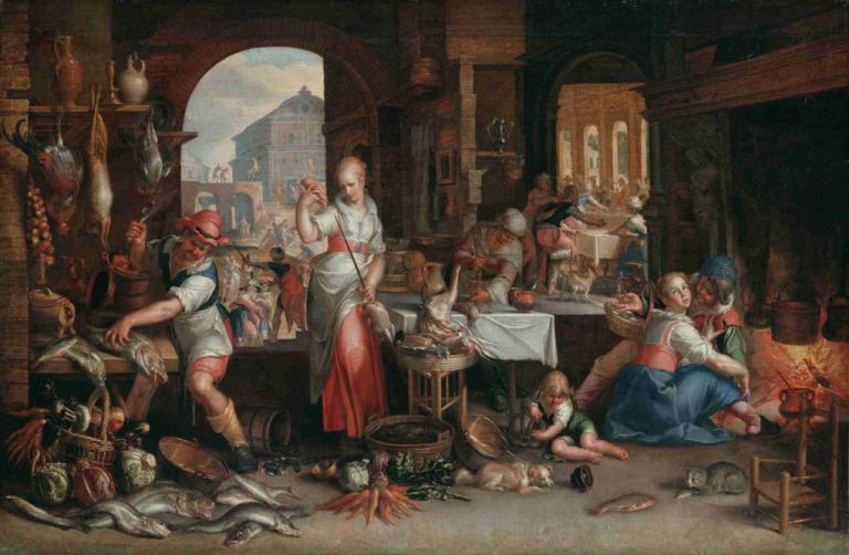 Kitchen Interior With The Parable Of The Great Supper,廚房內飾與大餐寓言,Joachim Wtewael,約阿希姆·韋特韋爾,油畫,油畫, 美術模仿, 多個女孩