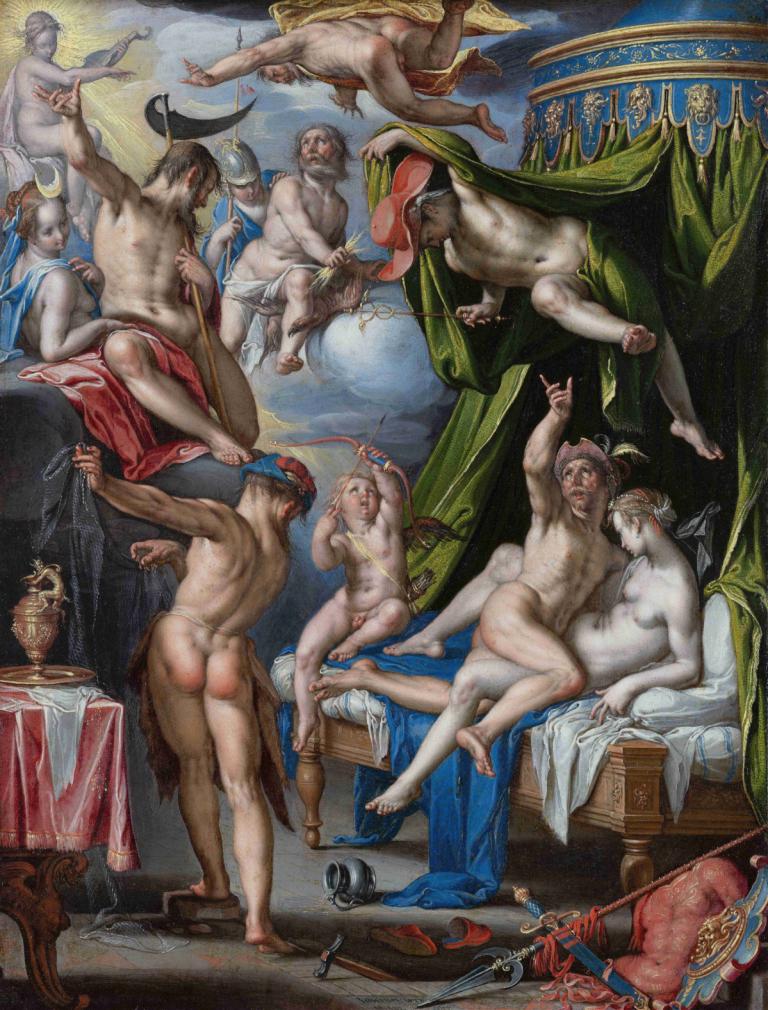 Mars and Venus Surprised By Vulcan,Joachim Wtewael,Oil Painting,Oil Painting, fine art parody, multiple boys