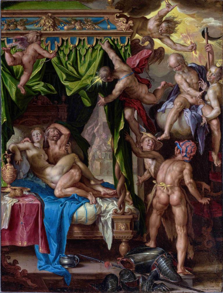 Mars and Venus Surprised By Vulcan,Mars og Venus overrasket av Vulcan,Joachim Wtewael,Oljemaleri,Oljemaleri