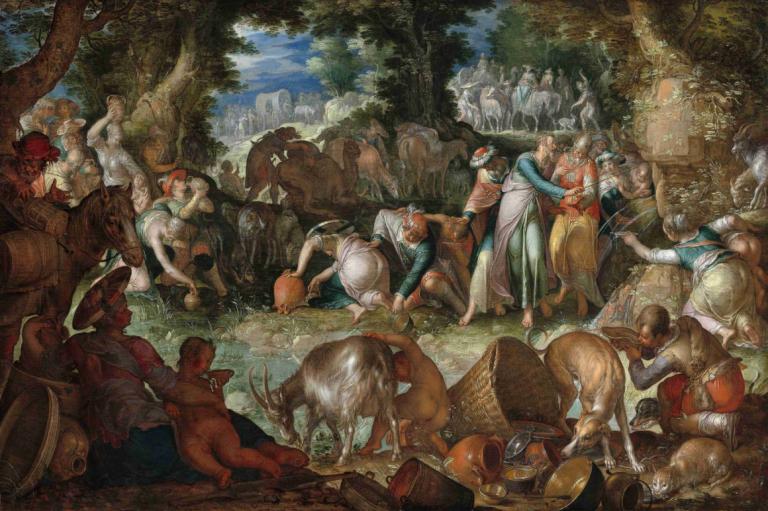 Moses Striking the Rock,Mozes slaat op de rots,Joachim Wtewael,Olieverf,Olieverf, boom