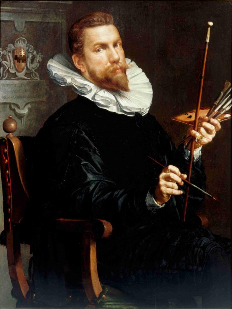 Self-Portrait,자화상,Joachim Wtewael,요아킴 뷔테옐,오일 페인팅,오일 페인팅, 1남, 미술 패러디, 남성 집중, 독주, 화살(발사체), 현실적인, 얼굴 털, 갈색 머리