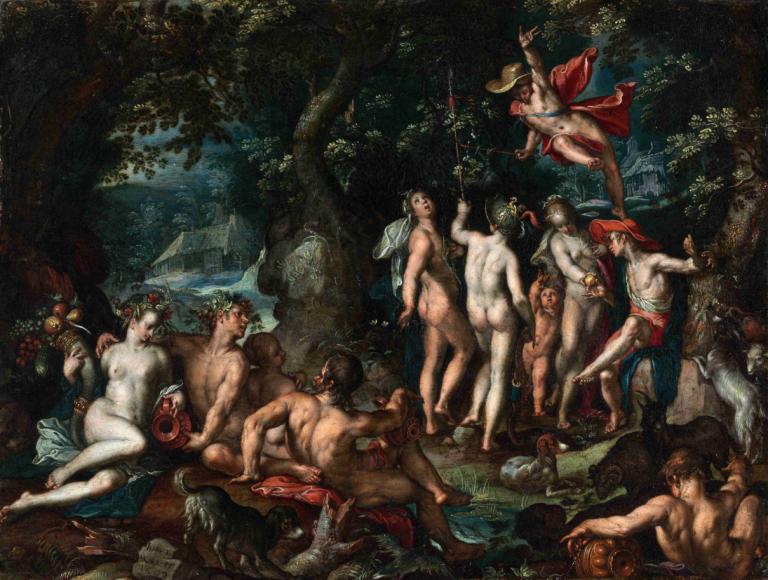 The Judgment of Paris,Paris-dommen,Joachim Wtewael,Oljemaleri,Oljemaleri, kunstparodi, vinger, naken, tre