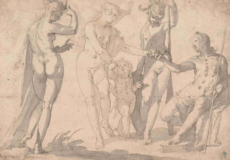 The Judgment of Paris,巴黎审判,Joachim Wtewael,约阿希姆-韦特瓦尔,铜版画,铜版画, 多个男孩, 单色, 裸体, 屁股, 乳头, 多个女孩, 草图, 美术模仿, 4个男孩, 阴茎