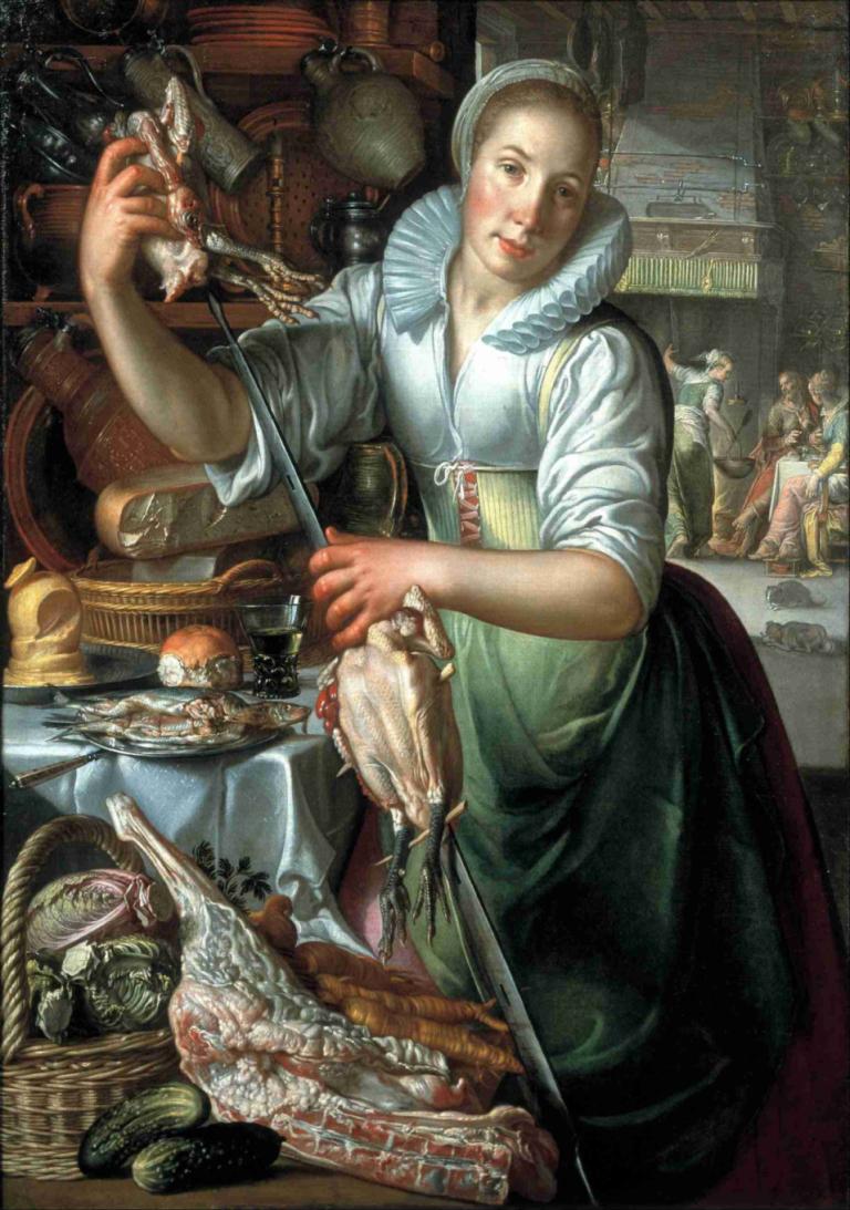 The Kitchen Maid,Kjøkkenhjelpen,Joachim Wtewael,Oljemaleri,Oljemaleri, kunstparodi, realistisk, mat, hatt