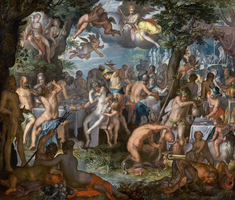 The Wedding of Peleus and Thetis,펠레우스와 테티스의 결혼식,Joachim Wtewael,요아킴 뷔테옐,오일 페인팅,오일 페인팅, 미술 패러디, 무기, 나체상, 활(무기)