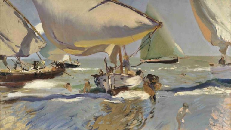 Boats On The Shore,Joaquín Sorolla,Oil Painting,Oil Painting, watercraft, multiple boys, outdoors, boat