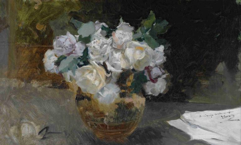 Bodegon De Rosas Blancas [Bouquet Of White Roses],Joaquín Sorolla,Oil Painting,Oil Painting, flower