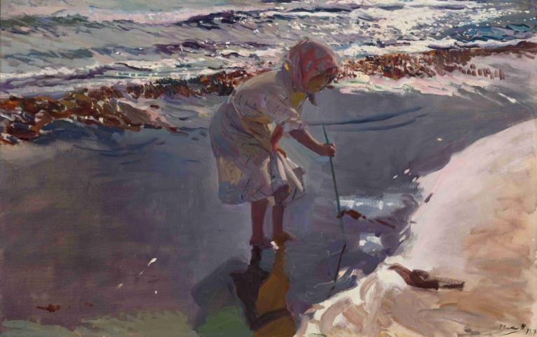 Buscando mariscos, playa de Valencia,Joaquín Sorolla,Oil Painting,Oil Painting, 1girl, outdoors, water, solo