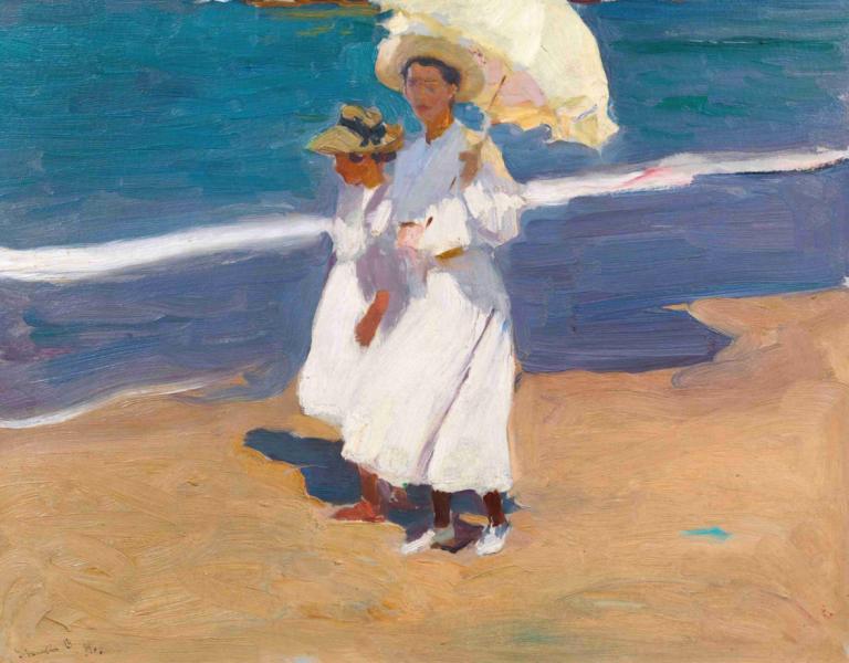 By The Seaside,Joaquín Sorolla,Oil Painting,Oil Painting, umbrella, dress, white dress, 2girls