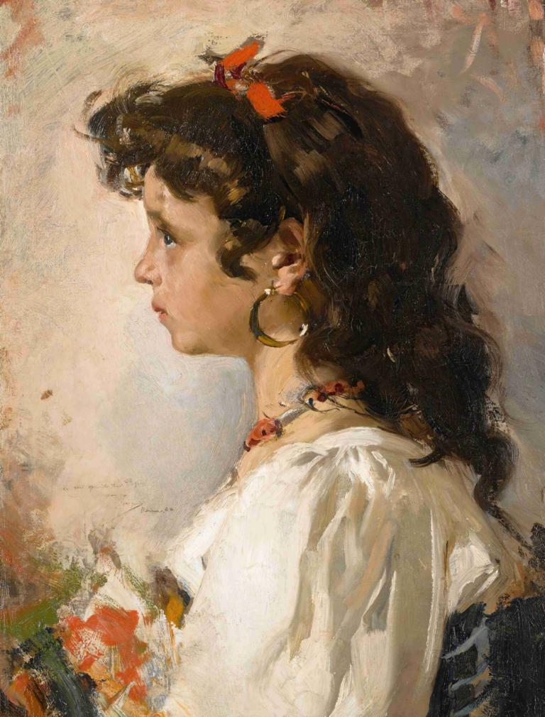 Cabeza de italiana,Joaquín Sorolla,Oil Painting,Oil Painting, 1girl, solo, jewelry, earrings, brown hair