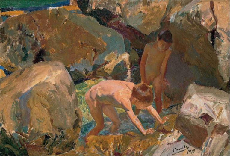 Children Looking For Shellfish,Trẻ em tìm kiếm vỏ sò,Joaquín Sorolla,Hoa Kim Sorora.,Tranh sơn dầu