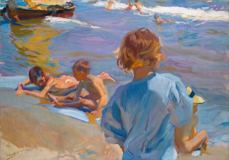 Children On The Beach, Valencia,Joaquín Sorolla,Oil Painting,Oil Painting, multiple boys, boat, shirt