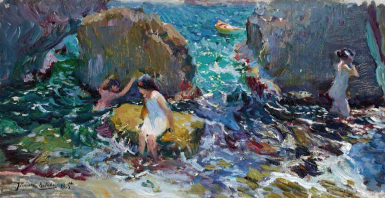 Children On The Shore, Jávea,Joaquín Sorolla,Oil Painting,Oil Painting, multiple girls, dress, white dress