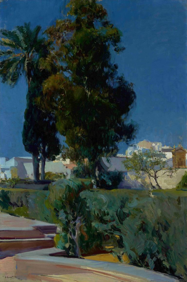 Corner of the Garden, Alcazar, Sevilla,Joaquín Sorolla,Oil Painting,Oil Painting, tree, outdoors, sky