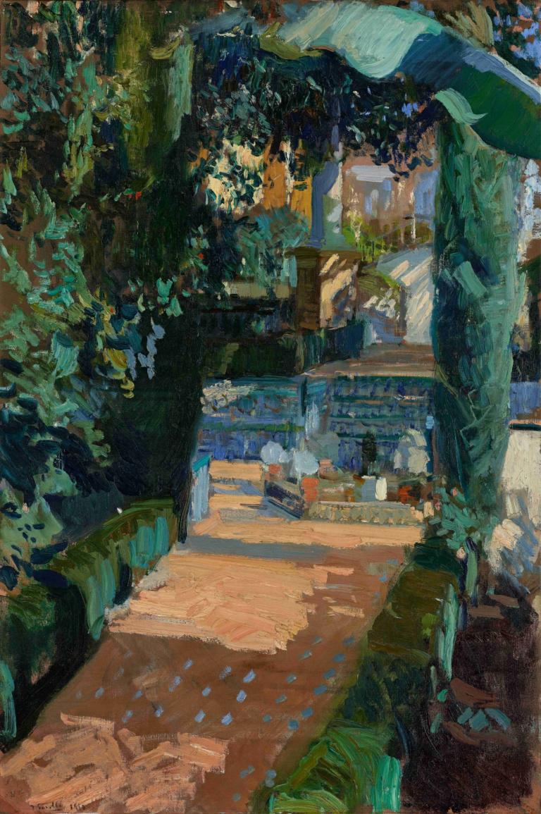 Court of the Dances, Alcázar, Sevilla,Joaquín Sorolla,Oil Painting,Oil Painting, outdoors, plant, scenery