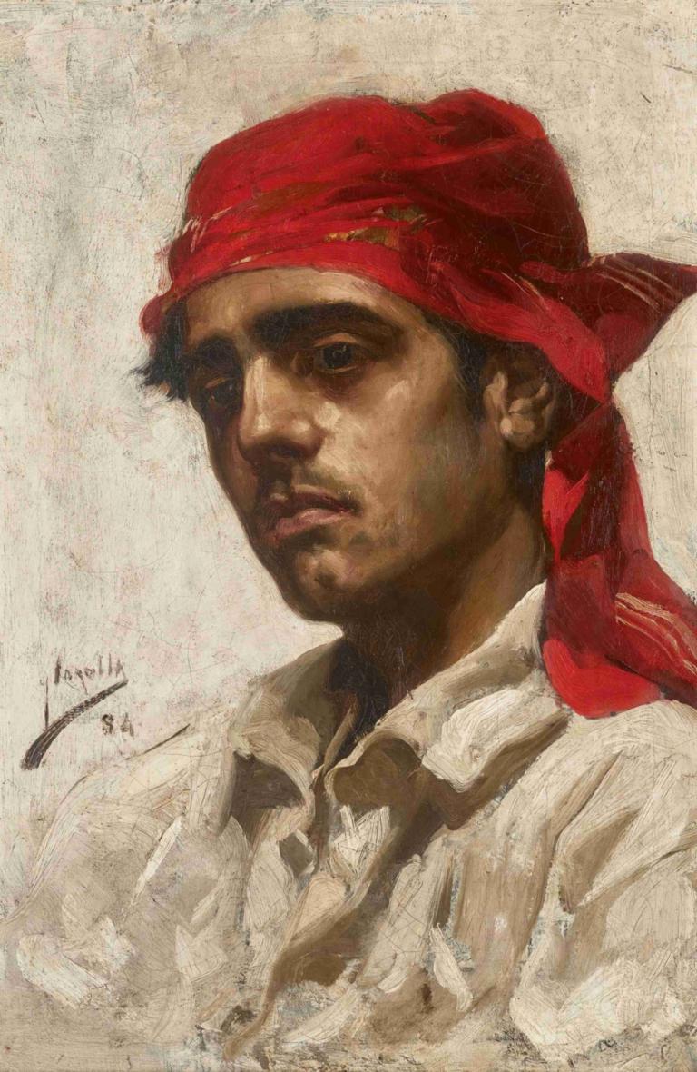 El Palleter,Joaquín Sorolla,Oil Painting,Oil Painting, 1boy, solo, male focus, bandana, realistic, shirt