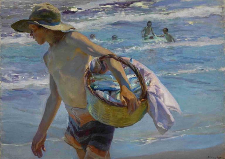 El Pescador,Joaquín Sorolla,Oil Painting,Oil Painting, hat, male focus, male swimwear, outdoors, topless male