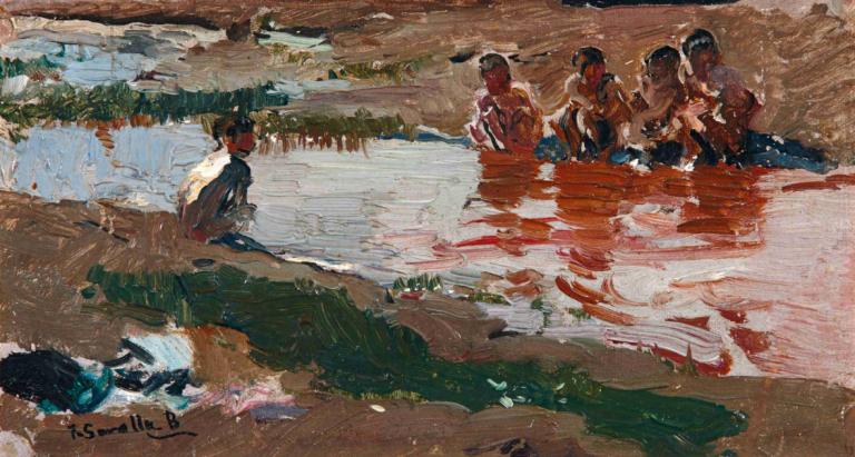 En El Rio,À El Rio,Joaquín Sorolla,Peinture à l'huile,Peinture à l'huile, eau, plusieurs garçons, séance