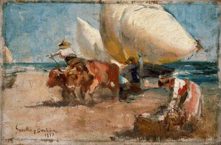 Escena De Playa,Scène de plage,Joaquín Sorolla,Peinture à l'huile,Peinture à l'huile, chapeau, équitation