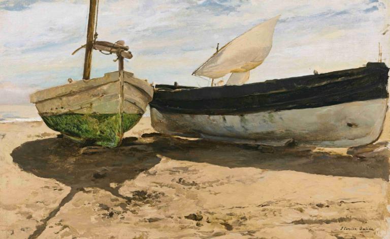 Fishing Boats On The Beach, Valencia,Joaquín Sorolla,Oil Painting,Oil Painting, desert, outdoors, watercraft