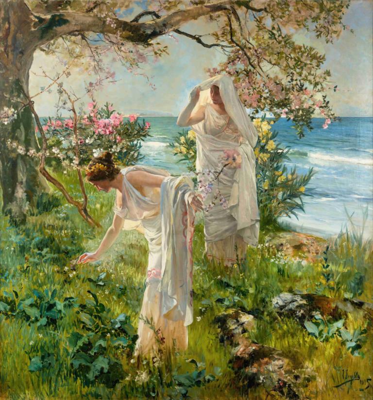 Greek girls on the shore,Joaquín Sorolla,Oil Painting,Oil Painting, flower, outdoors, grass, tree, dress