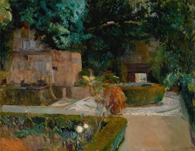 Jardín de los Adarves, Alhambra, Granada,Joaquín Sorolla,Oil Painting,Oil Painting, tree, outdoors, scenery