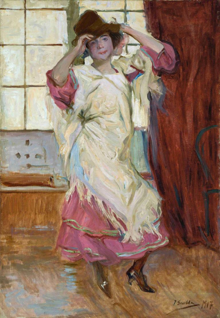 La Bilbainita,Joaquín Sorolla,Oil Painting,Oil Painting, solo, 1girl, hat, indoors, dress, traditional media