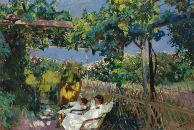 La Siesta En El Jardin,La Siesta Di Taman,Joaquín Sorolla,Lukisan cat minyak,Lukisan cat minyak, pohon