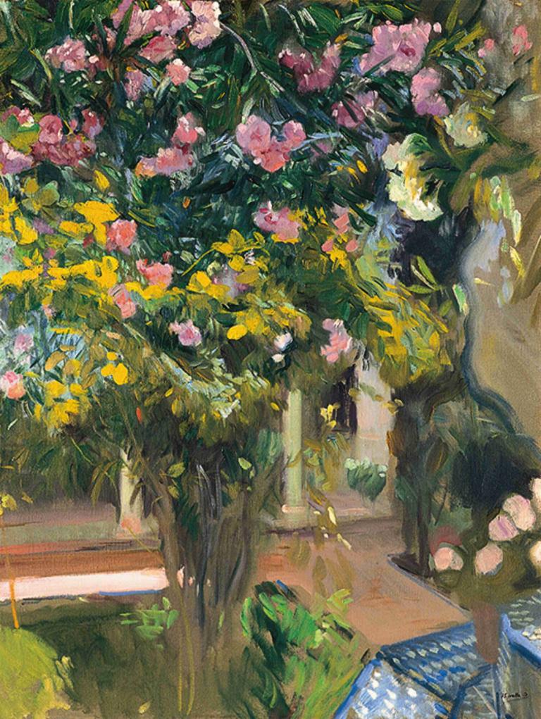 Oleanders, the courtyard of the artist's home,Joaquín Sorolla,Oil Painting,Oil Painting, flower, pink flower