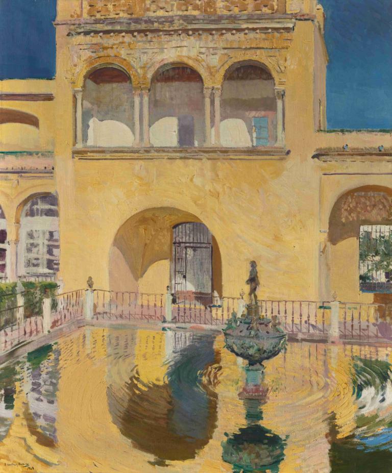 Palacio De Carlos V, Alcázar De Sevilla,塞维利亚阿尔卡萨尔查理五世宫,Joaquín Sorolla,华金-索罗拉,油画,油画, 反射, 风景, 水, 1个女孩, 户外, 建筑