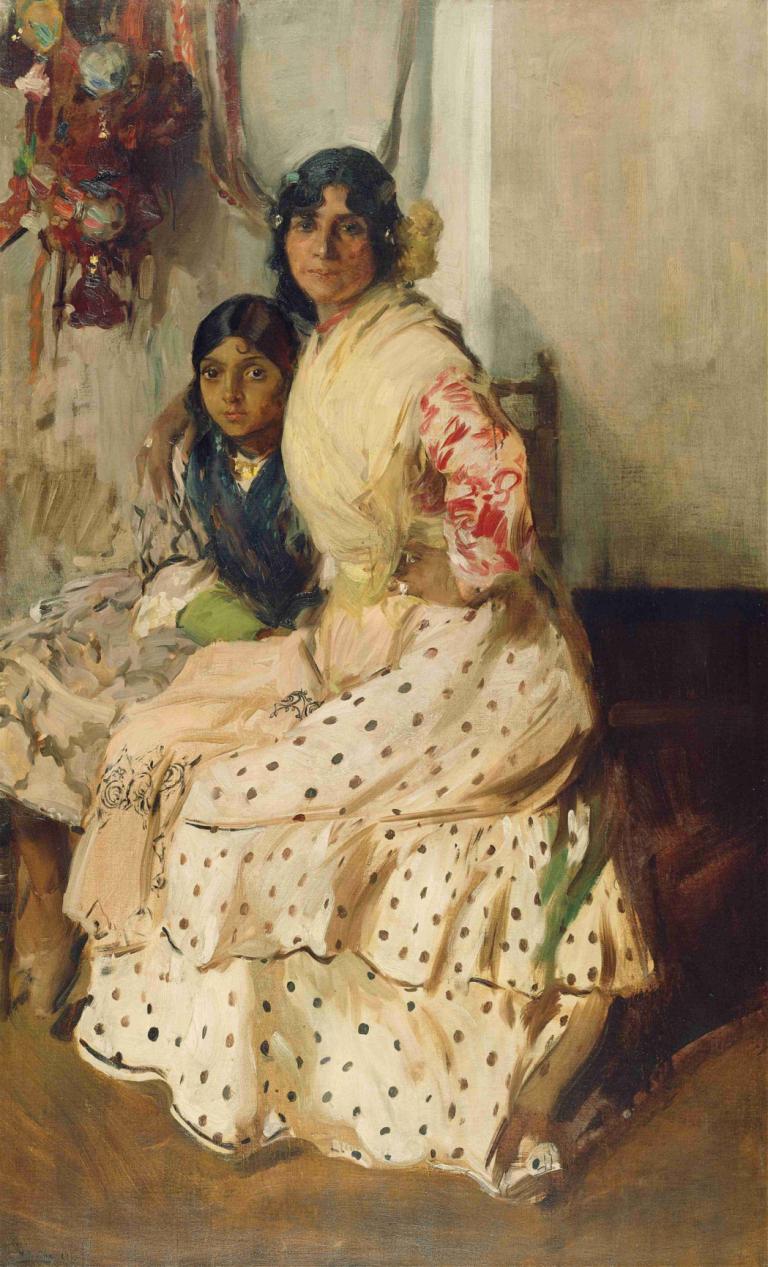 Pepilla the Gypsy and Her Daughter,Joaquín Sorolla,Oil Painting,Oil Painting, fine art parody, sitting