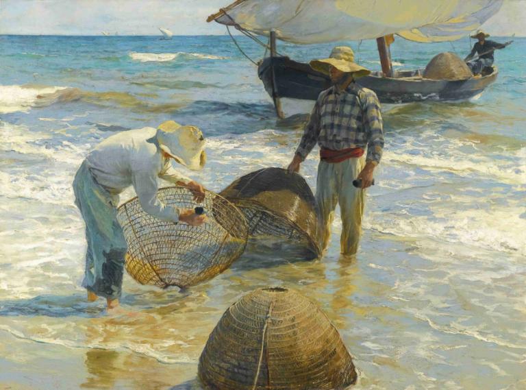 Pescadores Valencianos (Valencian Fishermen),Joaquín Sorolla,Oil Painting,Oil Painting, hat, multiple boys