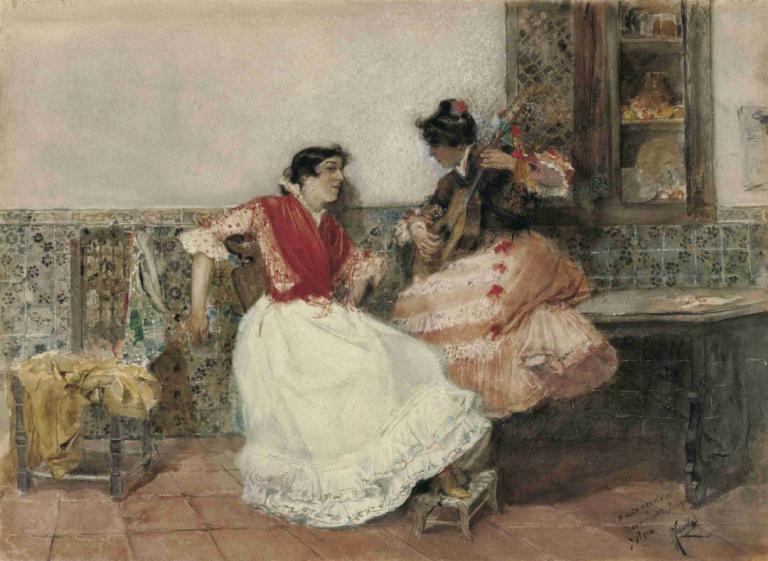 Playing the Guitar,Joaquín Sorolla,Oil Painting,Oil Painting, dress, black hair, indoors, multiple girls