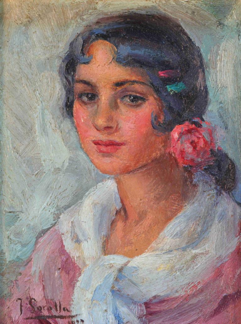 Portrait Of A Woman,Joaquín Sorolla,Oil Painting,Oil Painting, 1girl, solo, flower, black hair, hair ornament