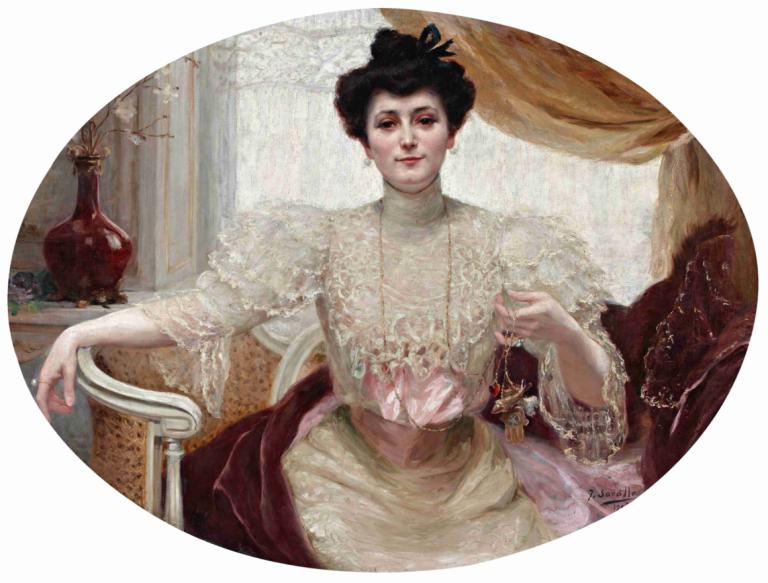 Portrait of Luisa Martinez De Tejeda,Joaquín Sorolla,Oil Painting,Oil Painting, 1girl, black hair, jewelry