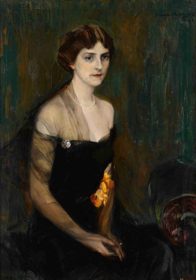 Portrait of Mrs. Orville E. Babcock,Joaquín Sorolla,Oil Painting,Oil Painting, 1girl, dress, jewelry, solo