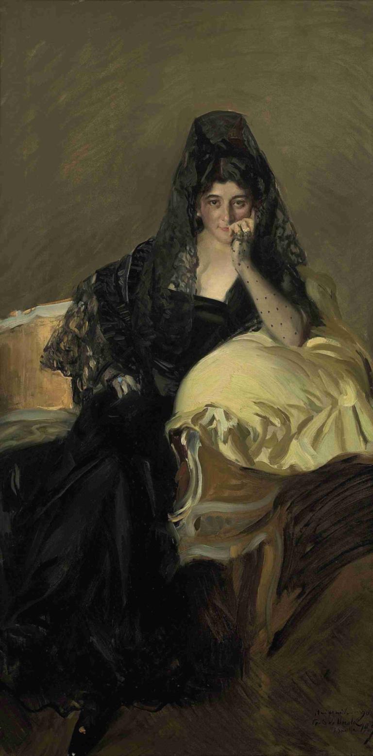 Portrait of Señora de Urcola wearing a black mantilla,Joaquín Sorolla,Oil Painting,Oil Painting, dress, 1girl