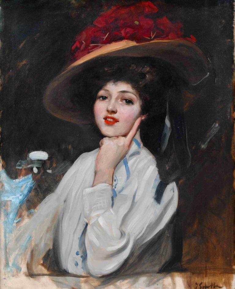 Retrato De Una Joven En Un Sombrero, Cree Que Raquel Meller,Joaquín Sorolla,Oil Painting,Oil Painting, 1girl