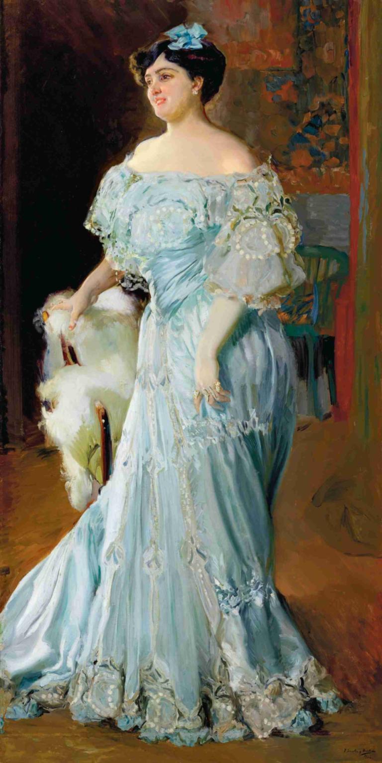 Retrato de la tiple Isabel Brú (de cuerop entero),Joaquín Sorolla,Oil Painting,Oil Painting, 1girl, dress