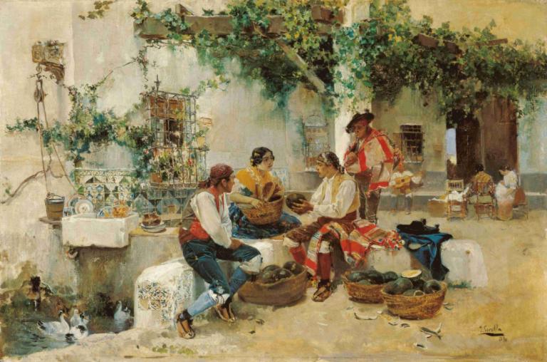 Selling Melons,Joaquín Sorolla,Oil Painting,Oil Painting, multiple boys, food, sitting, basket, plant