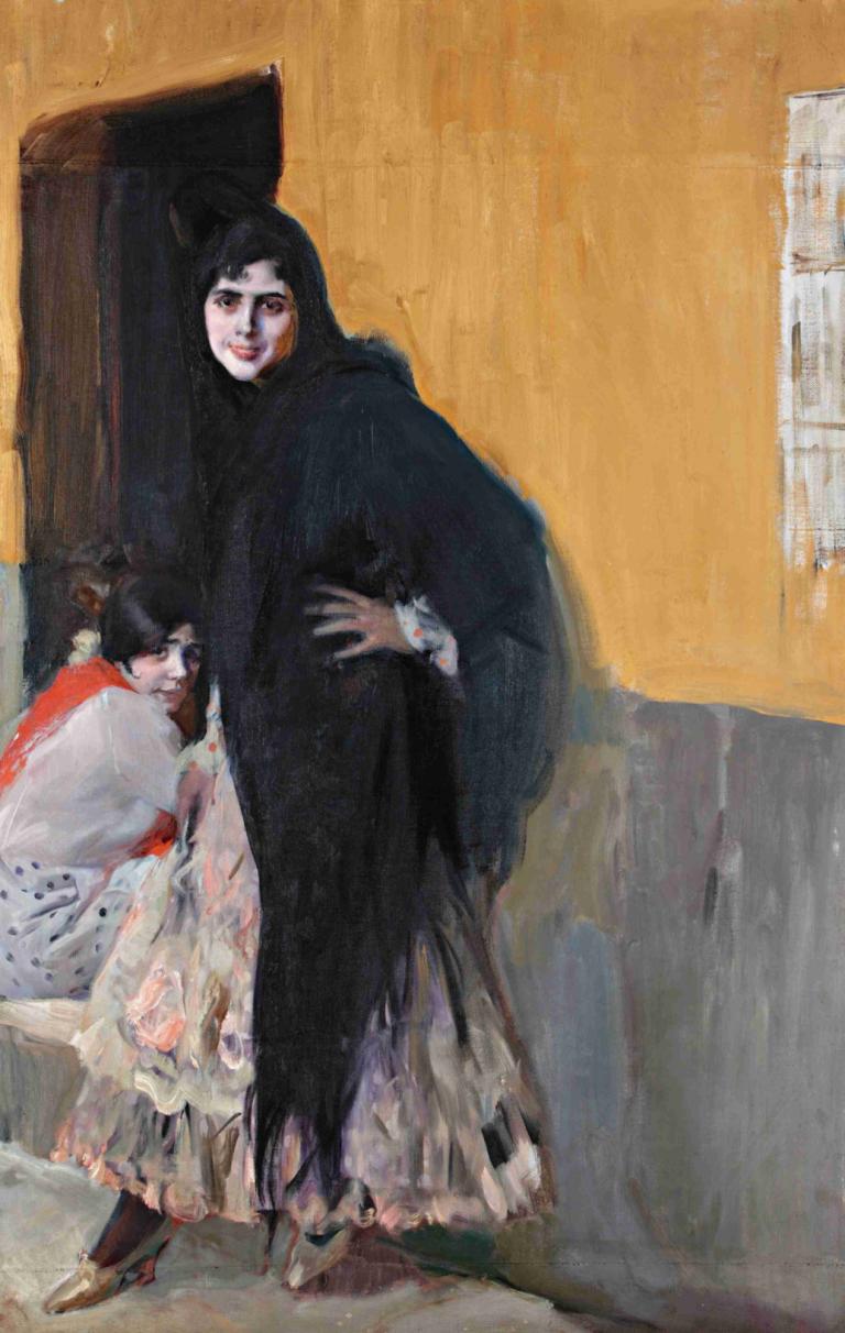 Sevillanas [Ladies of Seville],Joaquín Sorolla,Oil Painting,Oil Painting, black hair, multiple girls, 2girls