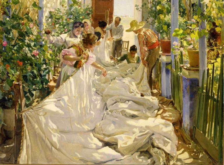 Sewing the Sail,Sy seglet,Joaquín Sorolla,Oljemålning,Oljemålning, flera pojkar, växt, svart hår, blomma